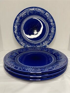 Ambiance Cobalt Blue Embossed Ceramic Dinner Plates - Set of 4